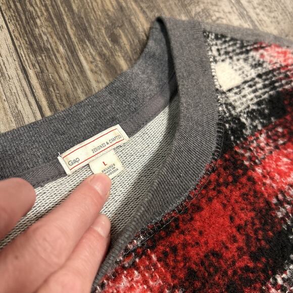 Gap Women’s Crew Neck Pullover Wool Blanket Front Spellout Red Plaid Large Shirt - Picture 4 of 6